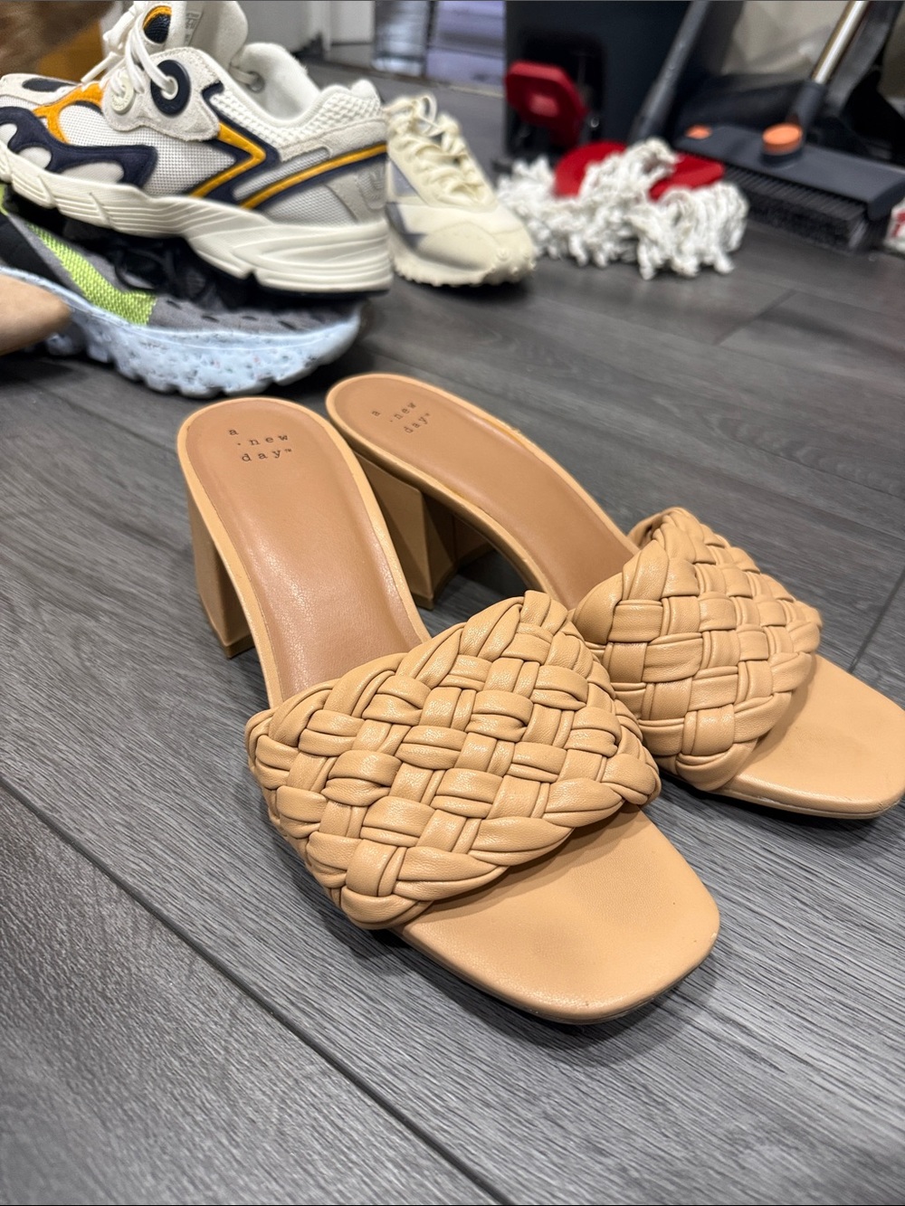 a new day Tan Braided Block Heel Mule Sandals